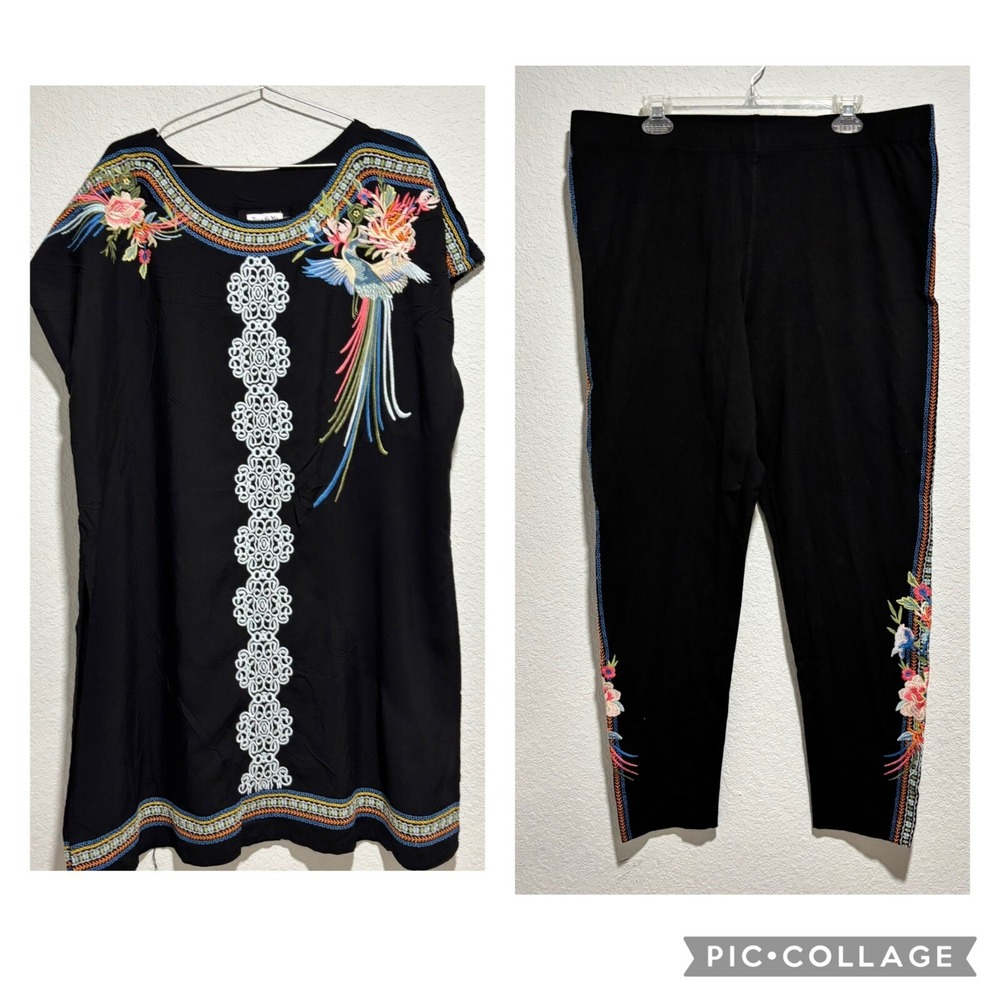 Time‎ For Me Embroidered Peacock Floral Tunic and Leggings 2 Piece Set Plus Size